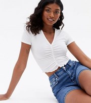 New Look White Ruched Frill Crop T-Shirt